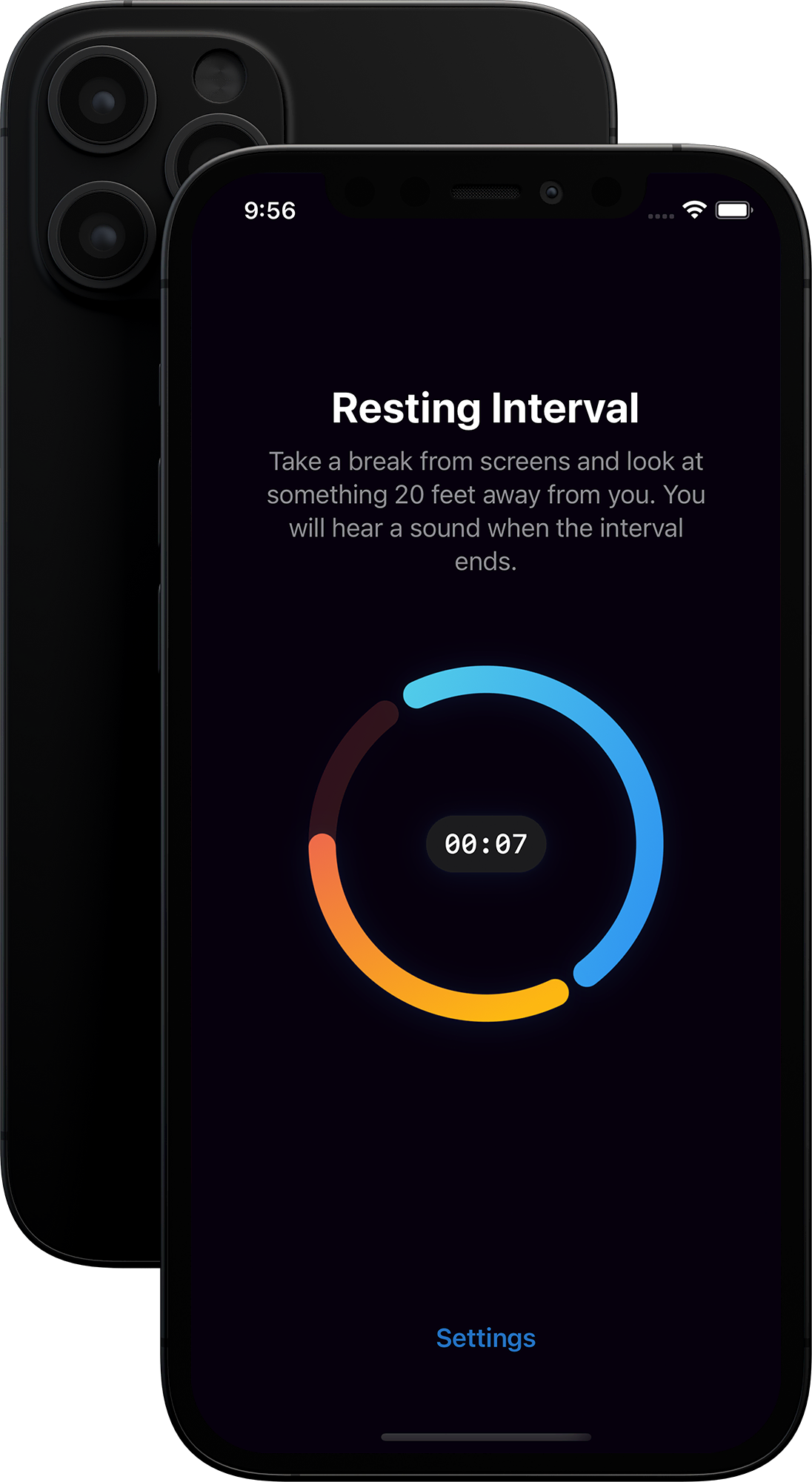 Rest Your Eyes App running in an iPhone with Dark Mode activated